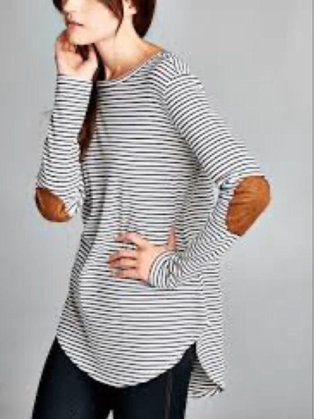 Striped Long Sleeve Tee with Tan Elbow Patches